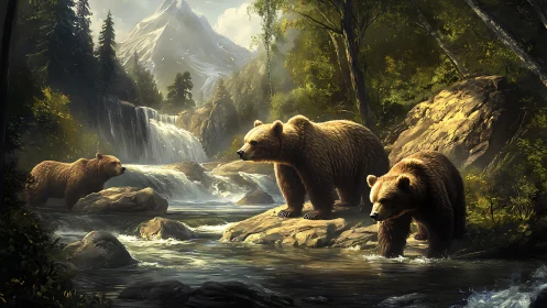 Grizzly bears patrol sunlit forest river under waterfalls.