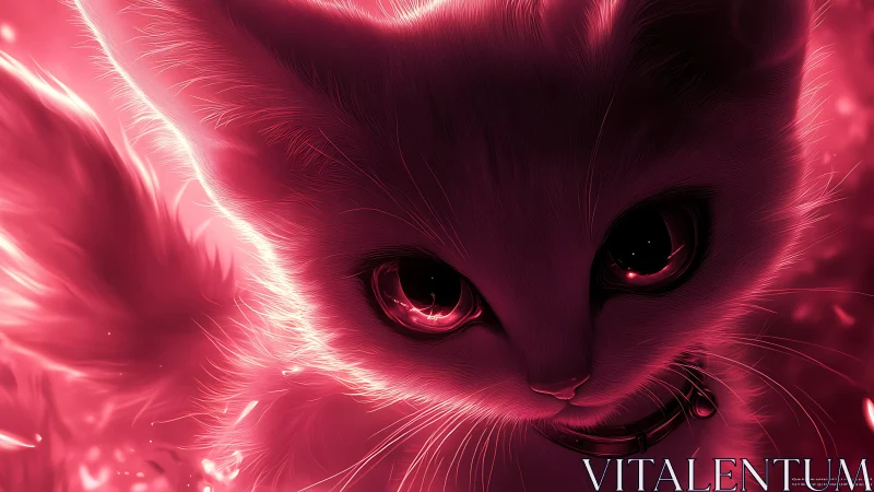 Neon pink cyber feline portrait with glowing eyes.