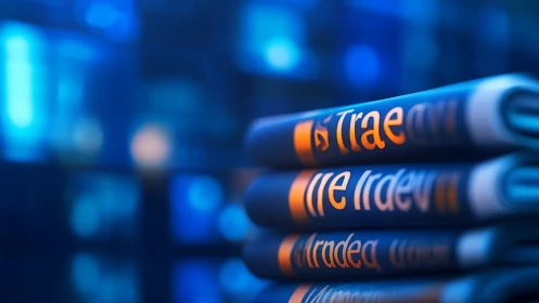 Stacked digital trade magazines glow under neon blue light.
