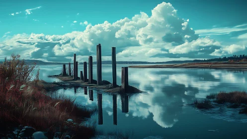 Coastal marsh reflections frame weathered wooden pilings.