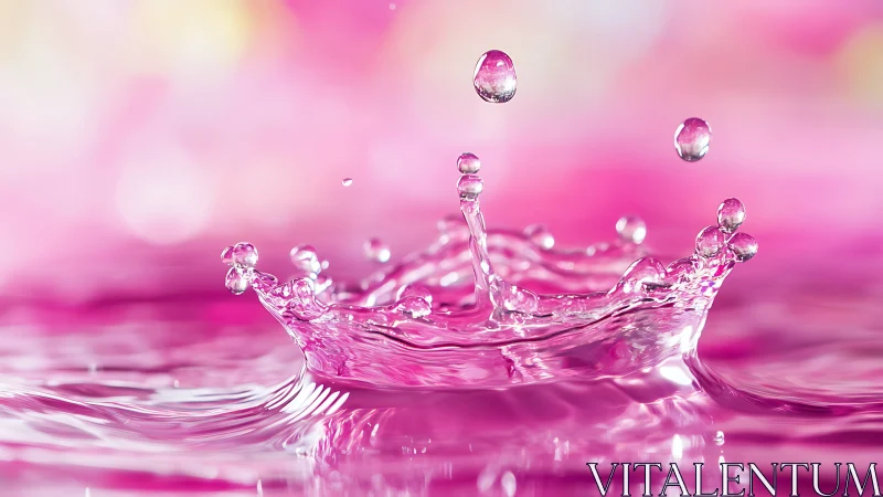 Crown of pink droplets dancing over luminous rippled water.