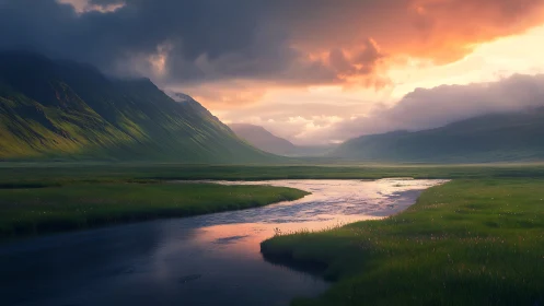 Sunset river winding through misty green mountain valley.