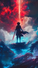 Digital painting of lone warrior under celestial energy rift.