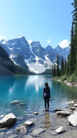 Solo hiker faces turquoise alpine lake and jagged peaks.