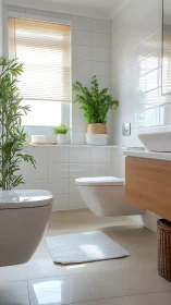 Bright minimalist bathroom showcases floating fixtures and plants