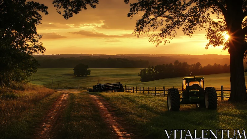 Rural farm landscape with tractor at golden sunset horizon.