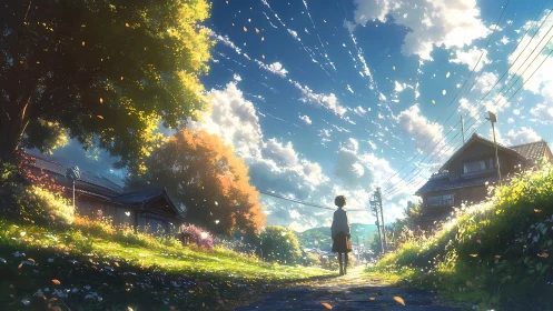 Solitary student walks under radiant countryside sky at dusk.