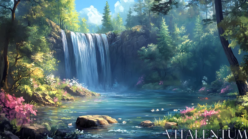 Forest waterfall scene with clear pool and flowers.