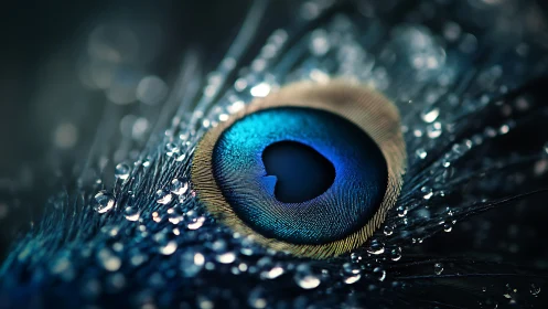 Macro study of iridescent peacock feather with dew droplets.