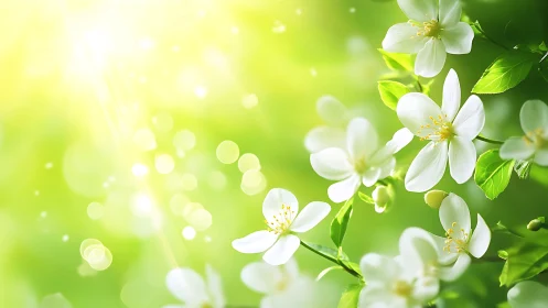 Delicate white blossoms dancing in golden spring sunlight.