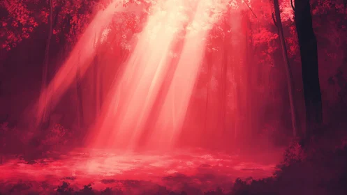 Crimson forest sanctuary bathed in ethereal sunrise rays.