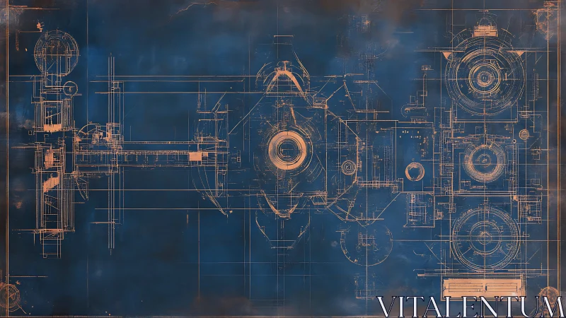 Clockwork cosmos blueprint on deep midnight blue canvas.