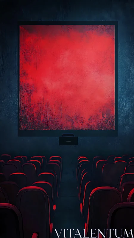 Crimson screen dreams in a midnight-blue empty cinema hall.