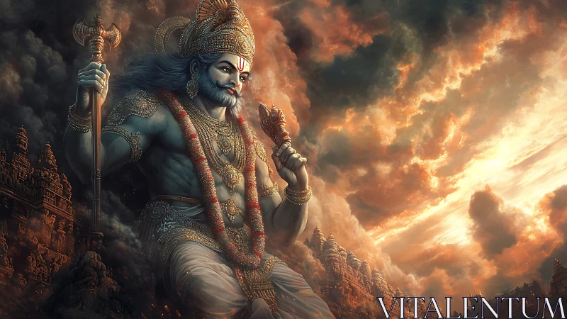 Divine warrior strides above temple city in blazing sky.