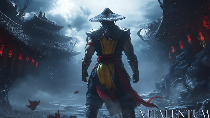 Warrior stands in stormy temple courtyard with cinematic lighting