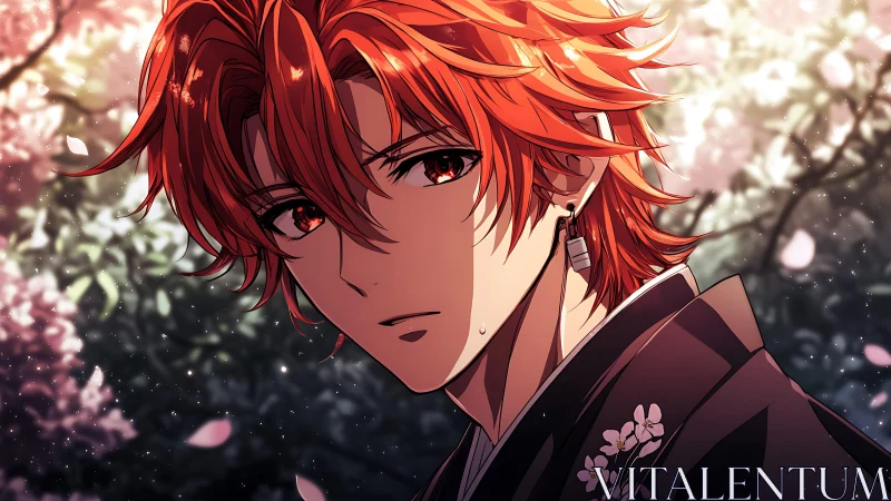 Red haired anime youth under glowing bokeh blossoms at dusk.