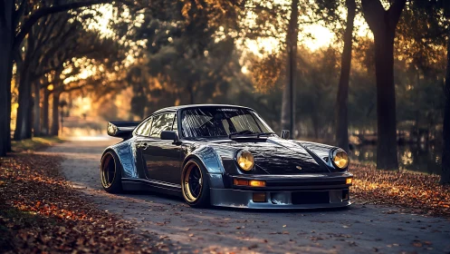 Modified classic sports car on tree-lined autumn road.