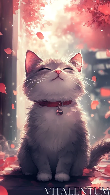 Fluffy white cat with pink ears sits in filtered light atmosphere.