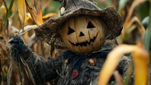 Weathered pumpkin scarecrow with burlap hat in autumn cornfield