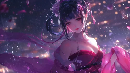 Rain-soaked anime heroine in magenta dress under bokeh night