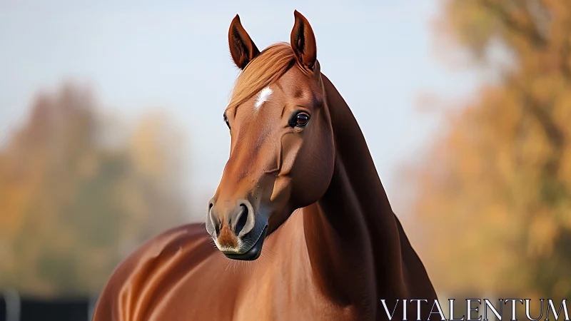 Chestnut horse portrait outdoors in soft autumn light.