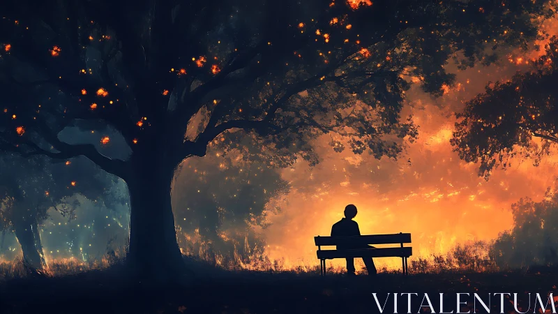 Solitary dreamer between ember dusk and sapphire night.