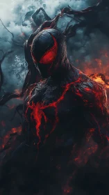 Symbiotic humanoid figure stands amid smoke and embers