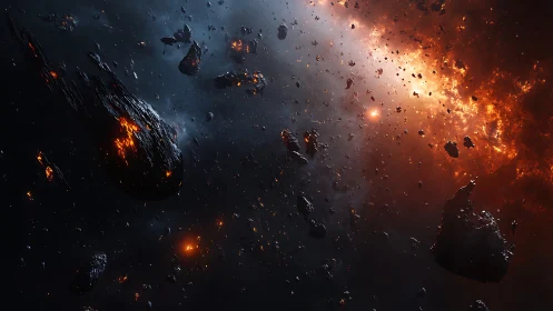 Molten asteroid field crossing explosive starburst nebula.