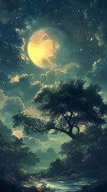 Moonlit forest river under glowing cloudy night sky.