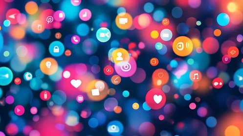 Colorful digital social media icons float over bokeh background
