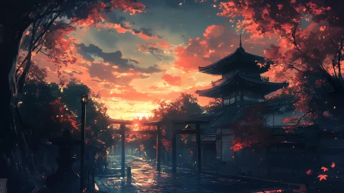 Crimson temple evening where autumn lanterns quietly breathe.