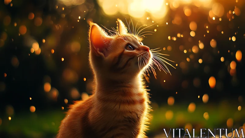 Golden Hour Portrait of Ginger Feline with Warm Ambient Bokeh.