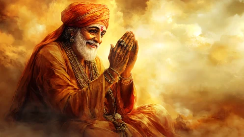 Golden sage in prayerful clouds of gentle morning light.