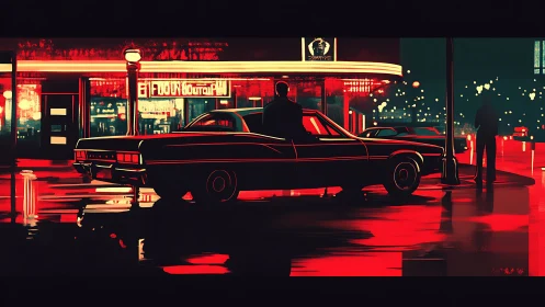 Neon-lit noir boulevard with silhouetted muscle car scene.