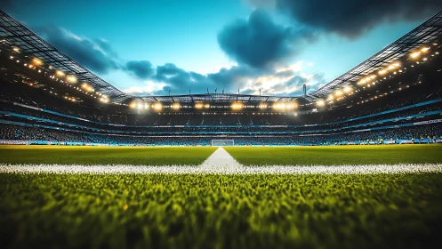 Floodlit football stadium frames vivid green pitch at dusk