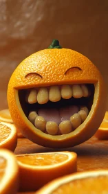 Laughing orange with human teeth dominates juicy slices
