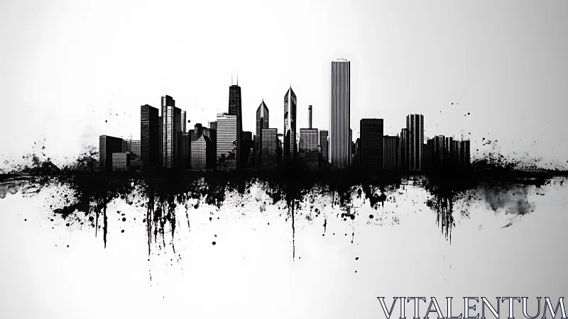 Ink-drenched towers rise from mirrored splashes of city shadow