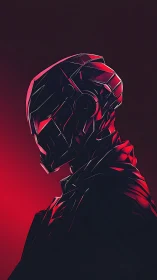 Angular red cybernetic helmet profile in shadowed view.