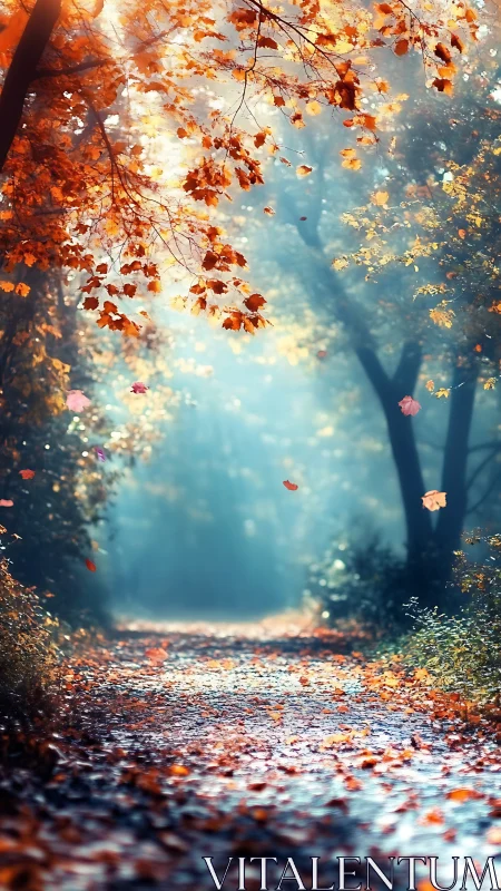Autumn's Glowing Pathway Through the Misty Forest.