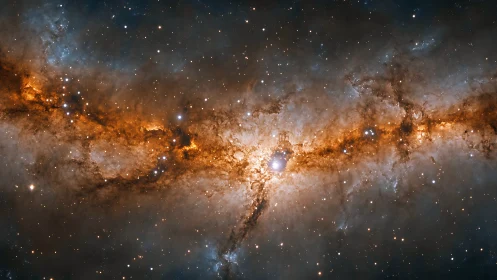 Spiral galaxy core spans frame with dense starfields and dust