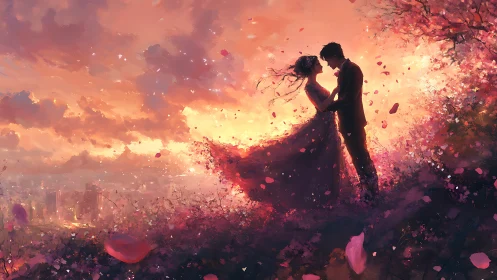 Romantic Silhouettes Against Burning Sky with Cascading Petals