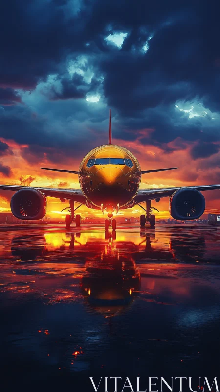 Photorealistic jetliner at dusk with mirrored runway reflections.