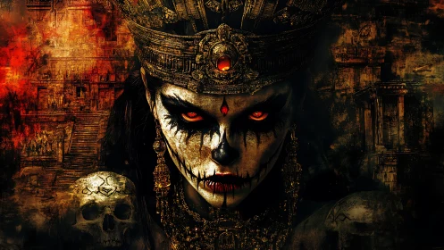Demonic skull-faced queen before burning ancient temple ruins.