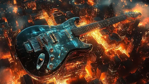 Neon storm guitar glides above a burning circuit cityscape