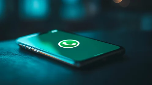 Smartphone With WhatsApp Launch Screen in Neon Teal Environment.