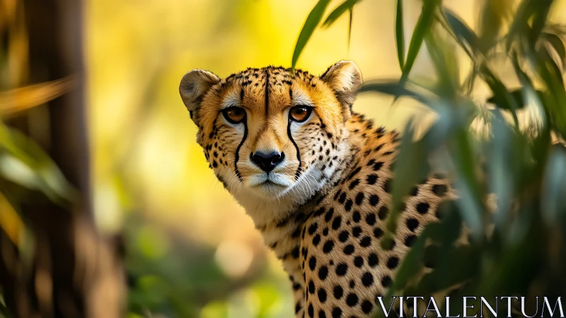 Cheetah gazes through sunlit foliage in shallow depth portrait