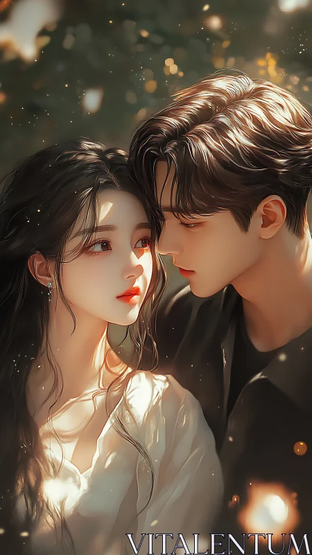 Two figures share an intimate moment bathed in warm golden light.