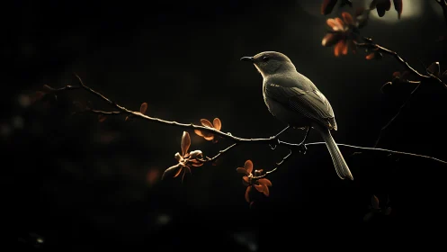 Solitary Songbird on Branch in Dramatic Low Light Photography.