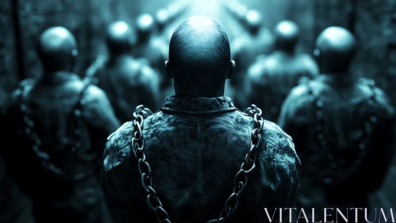 Bald prisoners stand in chains under harsh blue lighting