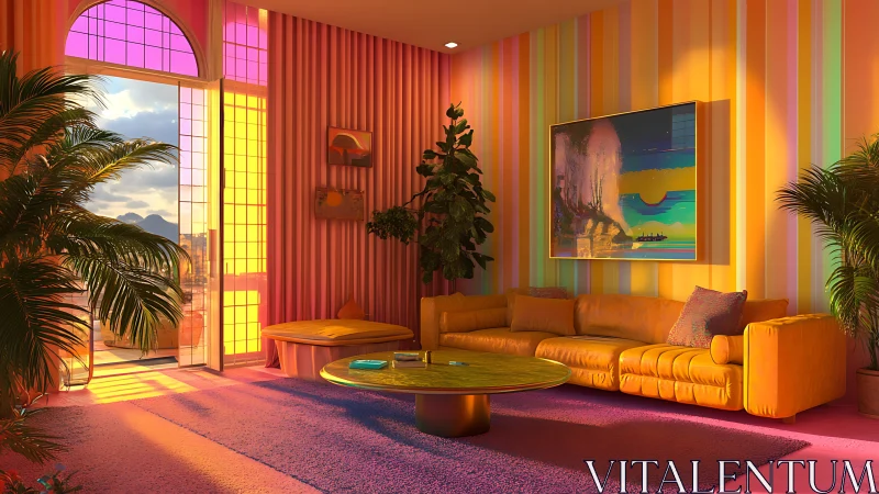 Sunset-soaked lounge where neon stripes serenade calm dreams.